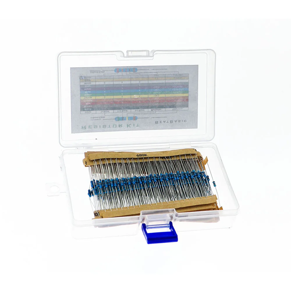 

Boxed 1000pcs 50 kinds/resistance in-line five-color ring resistor 1/4W metal film resistor package electronic component package