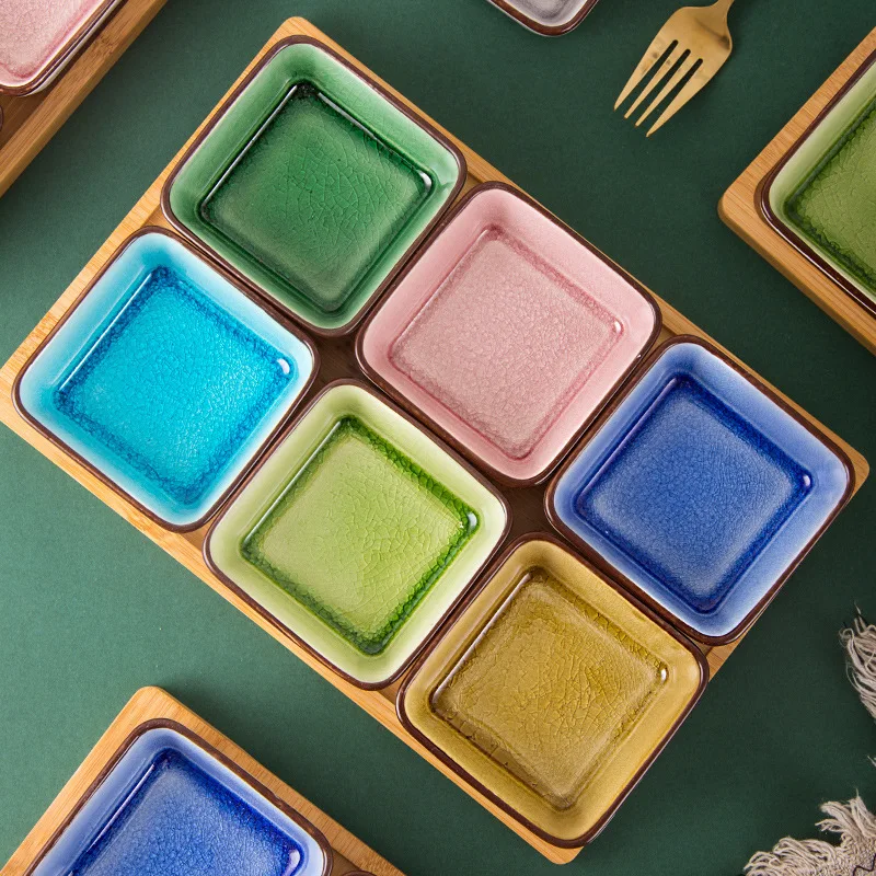

Colorful Ice Crack Ceramic Snack Dish Plate Creative Saucer Food Fruit Nut Candy Dish Square Bowl Decoration Household Tableware