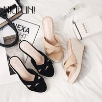 cane wedges sandals slippers females summer fashion wear 2021 straw high heels slides hollow peep toe rattan weave women shoes