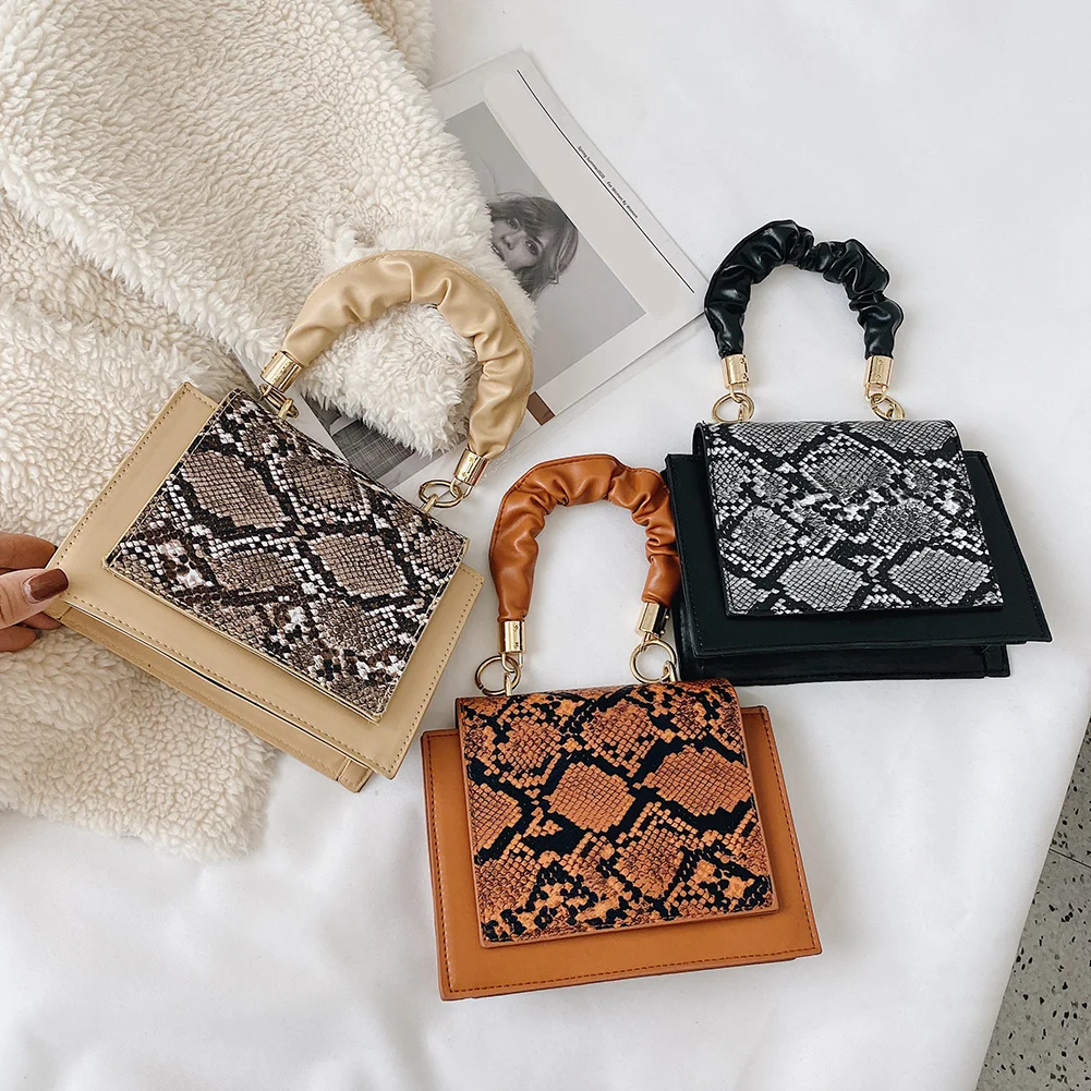 

Casual PU Leather Pleated Handle Shoulder Purse Retro Snake Printed Women Crossbody Bag Portable Street Travel Shopping Handbags