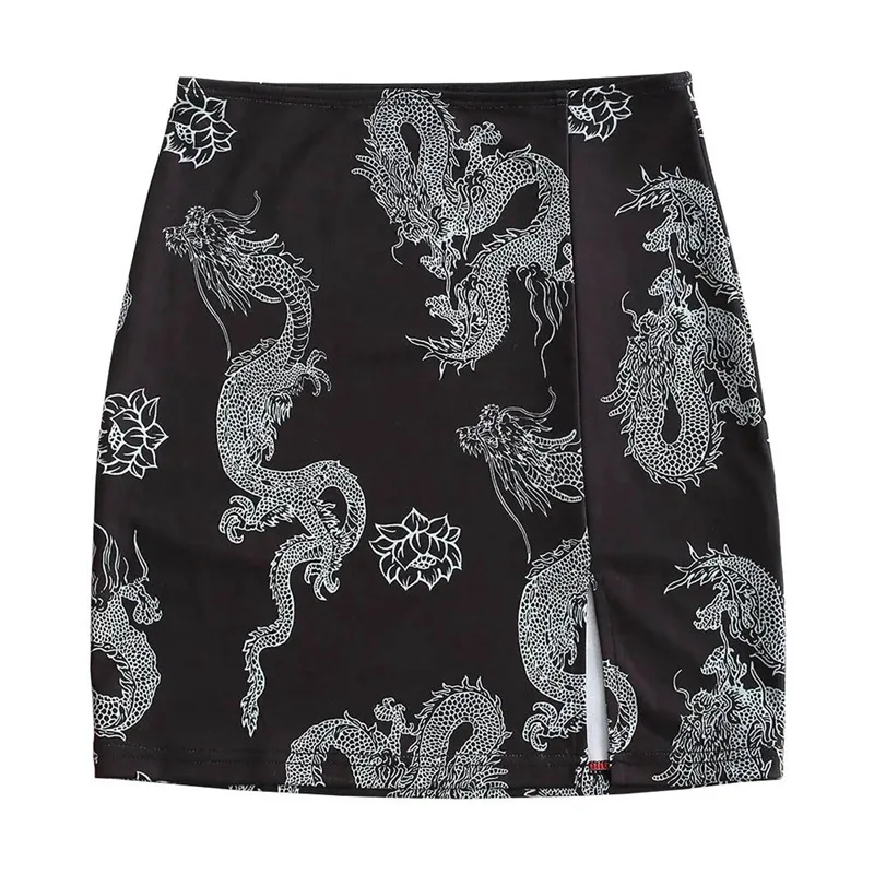 

New Women Skirt Plus Size Chinese Dragon Print Mini Skirt Black Side Split Elegant A-line Skirts Faldas Mujer Moda