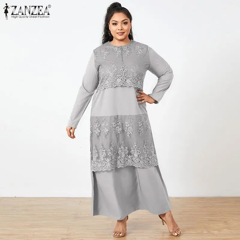 

ZANZEA Casual Long Sleeve Maxi Vestidos Women's Spring Sundress Bohemian Lace Crochet Maxi Dress Solid Turkey Robe Plus Size