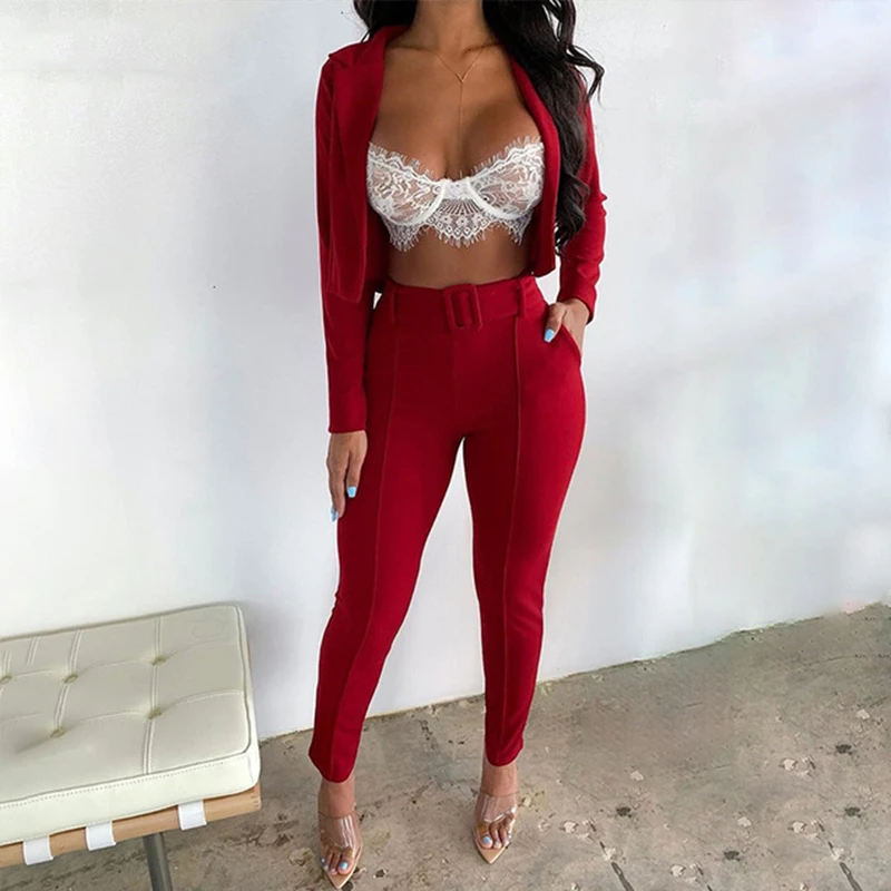 DRESSMECB, осенне-зимний женский комплект 2 шт. топ с v-образным вырезом и длинными рукавами и короткие штаны, комплект из двух предметов, сексуальный женский официальный повседневный комплект - Цвет: Winered
