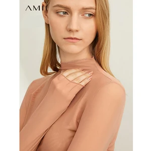 Ami, Весенняя Повседневная Кружевная футболка с длинным рукавом, женская тонкая Осенняя рубашка из однотонная сетчатая пряжи с полувысоким воротником, топы 11920272