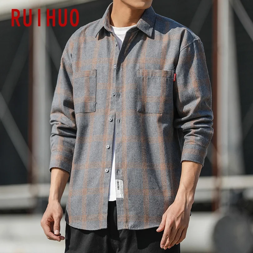 RUIHUO рубашка с длинными рукавами мужские приталенные повседневные клетчатые