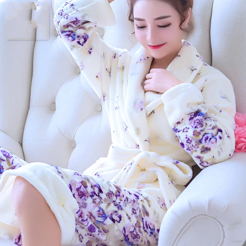 

Women Robes Winter Warm Coral Fleece Nightdress Sleepwear Female Pajamas Home Clothes Floral Dressing Gron Kimono Hotel Bathrobe