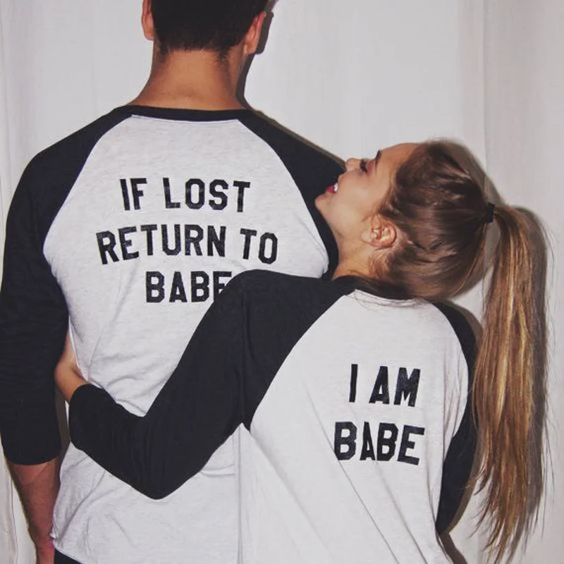 

Top Letter Print Long Sleeve Ringer T-shirt Valentine Tees Women New Couple Tee Lover O-neck If Lose Return To Babe I Am Babe