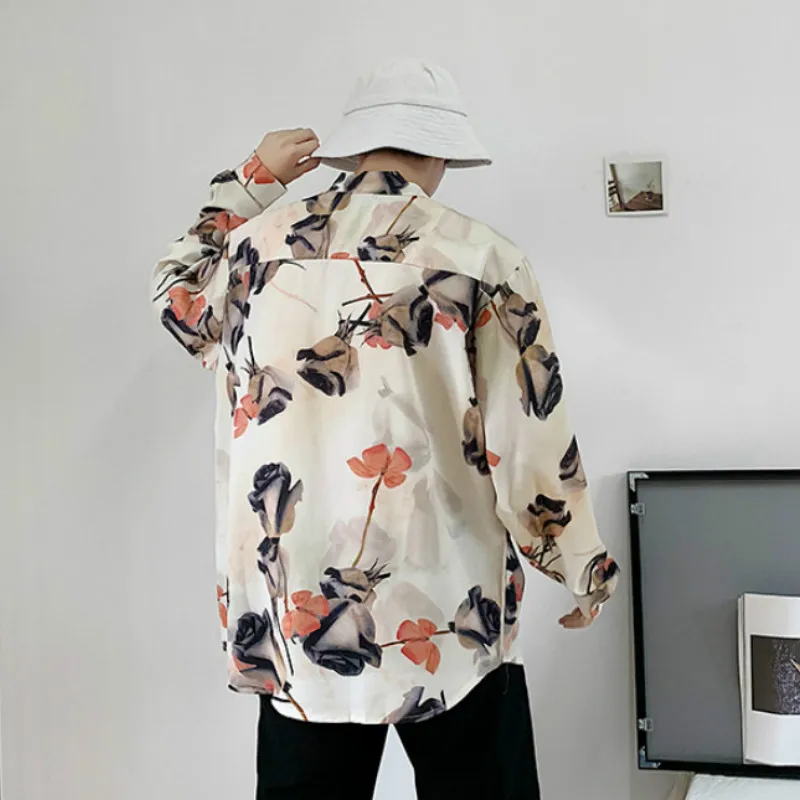 

Shirt Men Long-sleeve Printed Turn-down Collar All-match Fashion Chic Casual Mens Shirts Harajuku Korean Breathable Soft Ulzzang