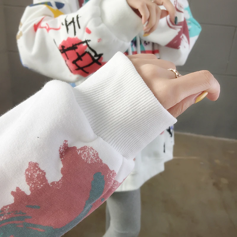 

Cartoon Dinosaur Print Sweatshirts Women Spring Autumn Plus Velvet Thick Loose Hoodies Pullover Harajuku Casual Outwear Hoodies