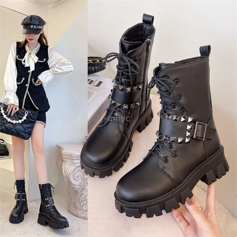 

Thick-soled Martin boots women 2021 new autumn winter in the tube wild British belt buckle fan car thin boots short boots women