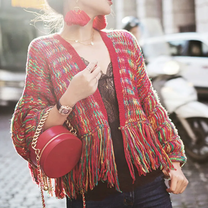 

Eliasha Hand Knitted Loose Sweater Cardigans Women Vintage Pull Rainbow 2020 Atumn Winter Long Sleeves Ruffle Warm Crop Sweaters