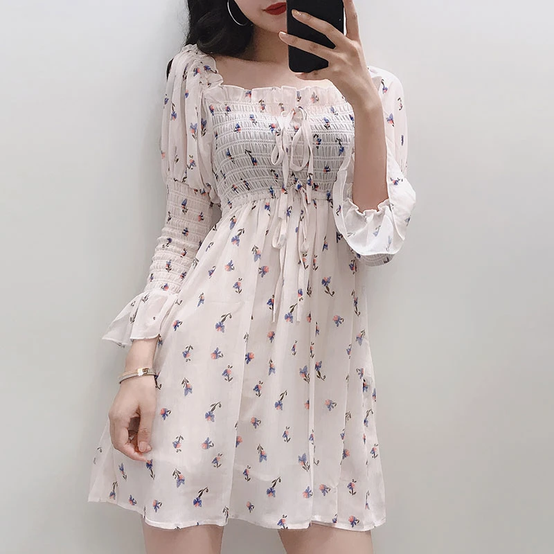 Винтажные шифоновые платья с квадратным вырезом женские летние расклешенными