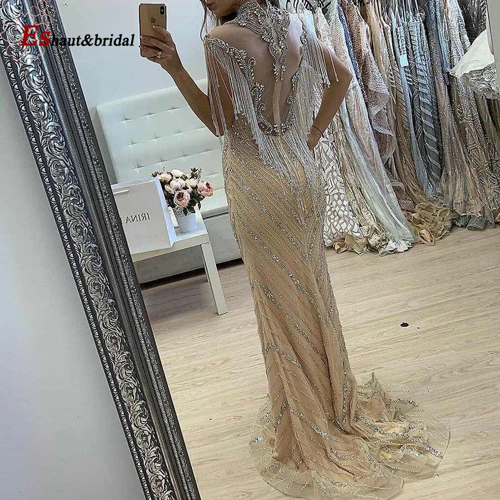 Дубай бисером кисточкой роскошное сексуальное высоким воротом вечернее платье