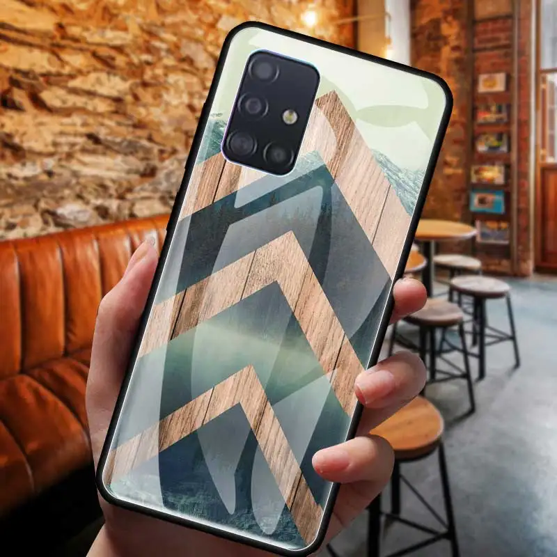 

Tempered Glass Phone Case for Samsung Galaxy A91 A71 A51 A41A31 A21s M51 M31 M21 Cover Back Coque Forest Geometry Wood Nature