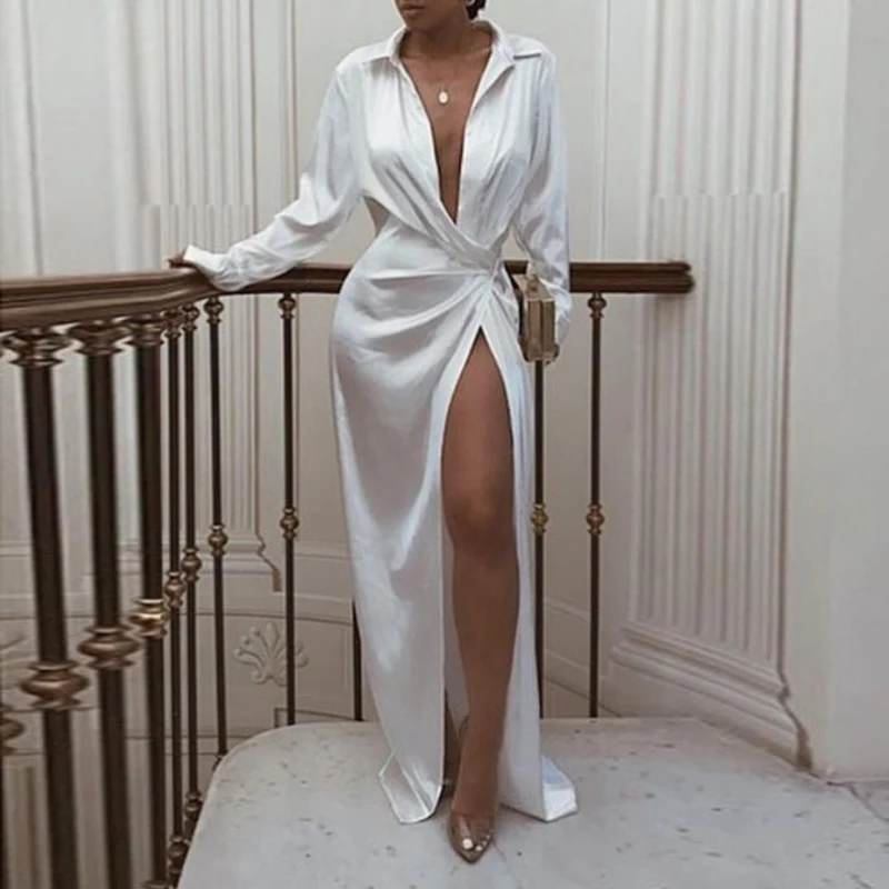 

Sexy Hem Split Maxi Dresses Womens Geometry Print Streetwear Bandage Turn-down Collar Dresses Long Sleeve Hollow Out Long Dress