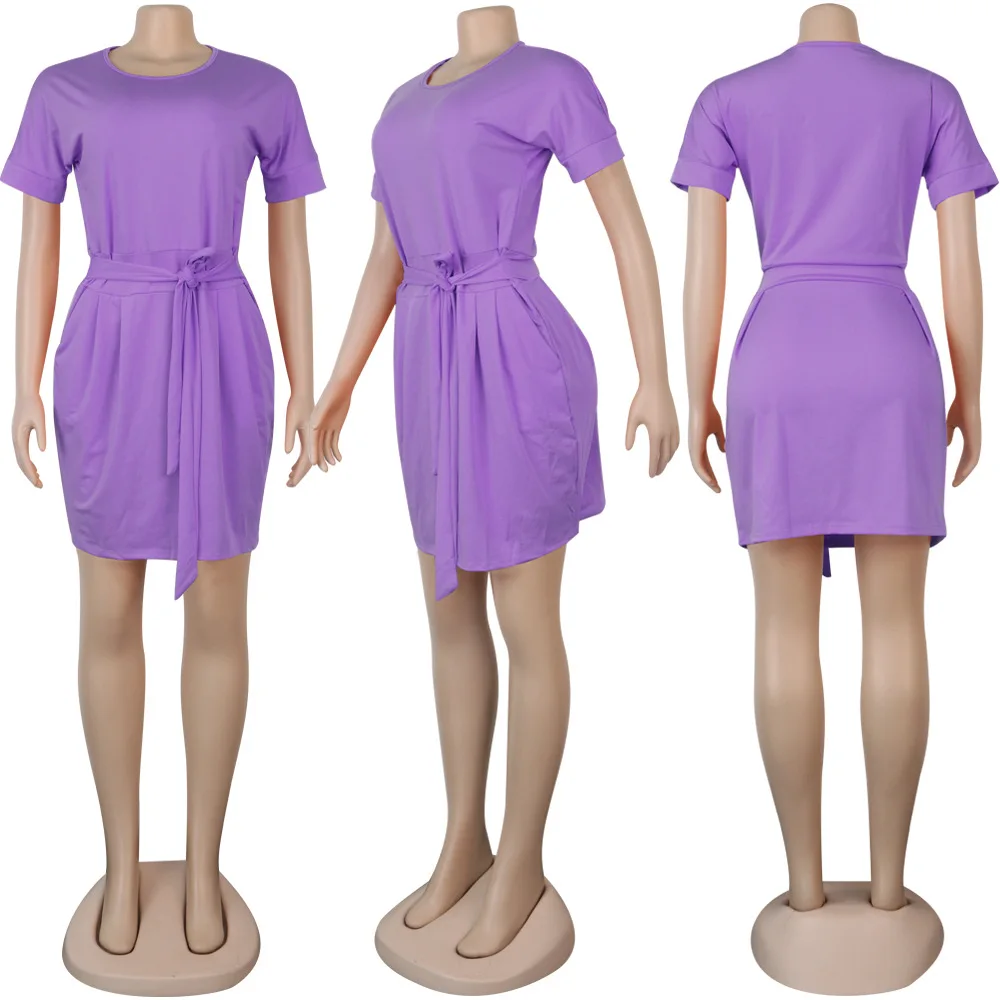 

New fashion solid color casual loose dress summer o-neck short sleeve women's T-shirt skirt