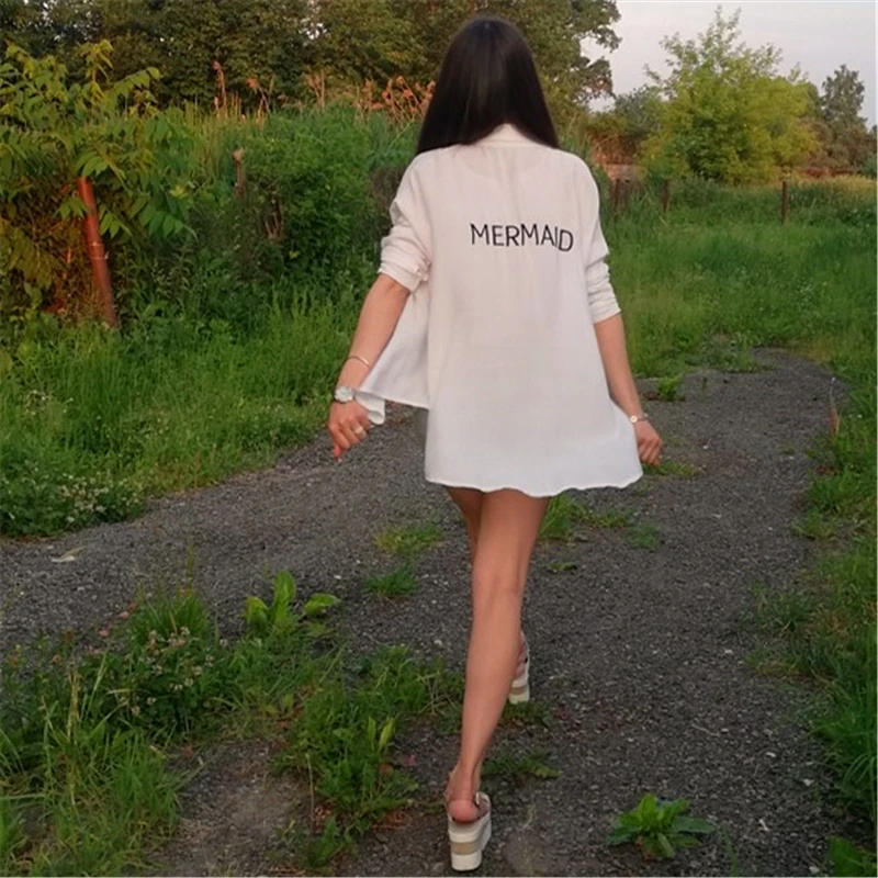 Пляжное платье-рубашка с принтом русалки спереди, с коротким сзади, белое хлопковое платье-туника, женская летняя пляжная одежда, купальный костюм, накидка N324