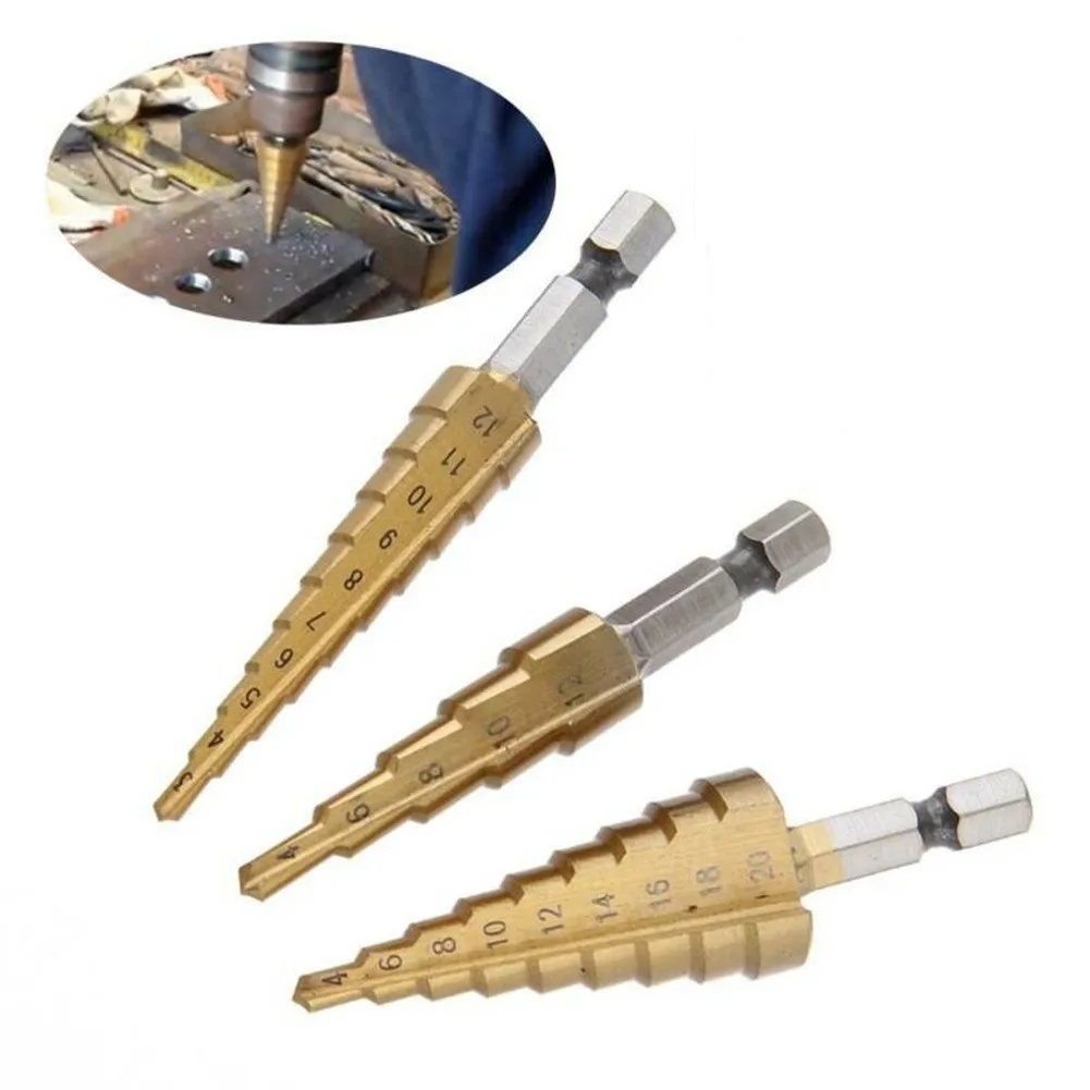 

3pcs HSS Titanium Coated Step Universal Drill Bit Set 3-12mm 4-12mm 4-20mm Power Tools For Home DIY And General Building