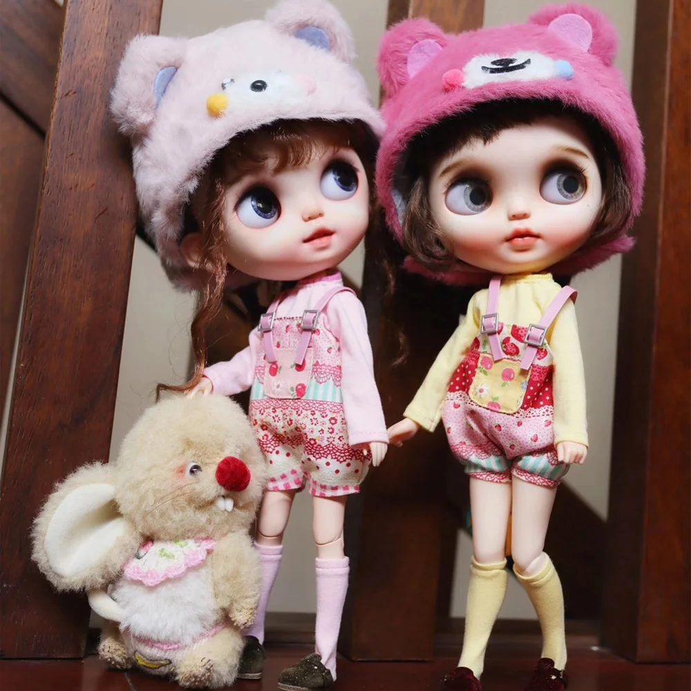 

handmade Cute doll clothes for joint Doll for blyth Hand-made baby clothes, overalls, bear plush headgear