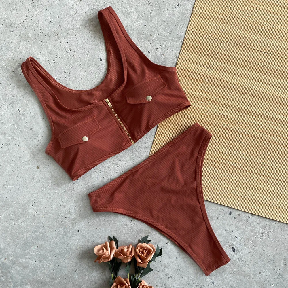 

explosion models Europe and America zipper knit solid color fake pocket bikini swimsuit sexy high waist split swimsuit quick dry