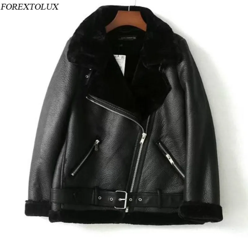 Женская Шуба из искусственной кожи с вельветовой подкладкой ремнем-авиатором