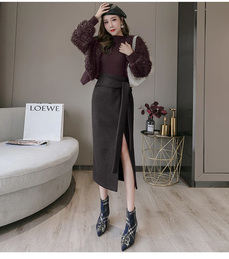 P Ammy приталенная шерстяная юбка карандаш с разрезом Осень зима 2019 Женская Плотная