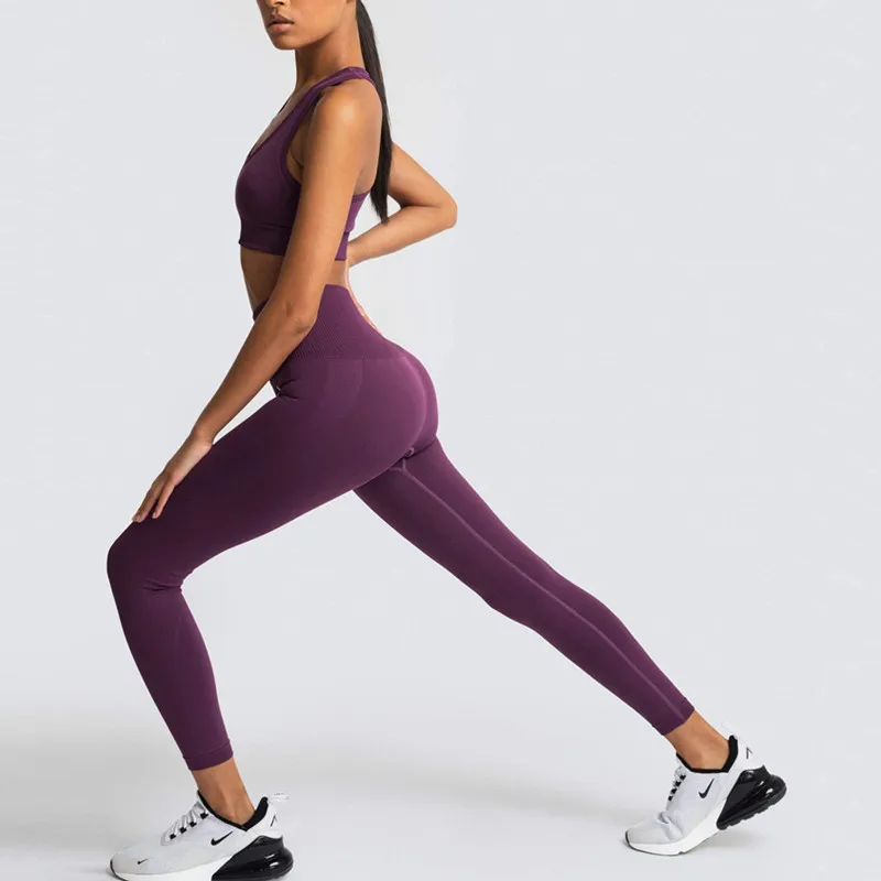 

2021 Seamless Workout Set Sport Leggings And Top Set Yoga Outfits For Women Sportswear Athletic Clothes Gym Sets 2 Piece