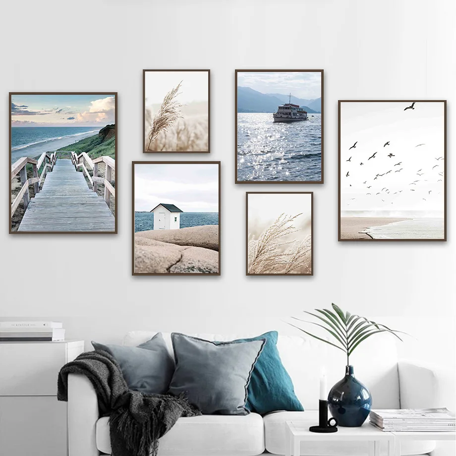 

Seagull Reed Sea Sky Cloud Bridge Stone Wall Art Canvas Painting Nordic Posters And Prints Wall Pictures For Living Room Decor