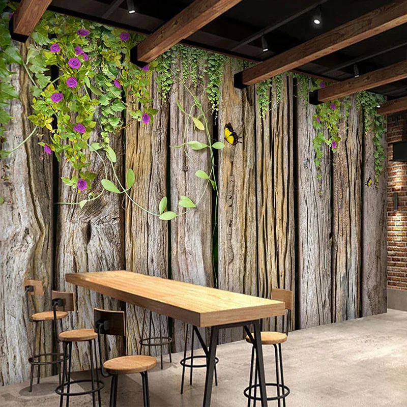 

Drop Shipping Custom Photo Wallpaper 3D Green Vine Wood Grain Murals Cafe Background Wall Waterproof Wall Stickers