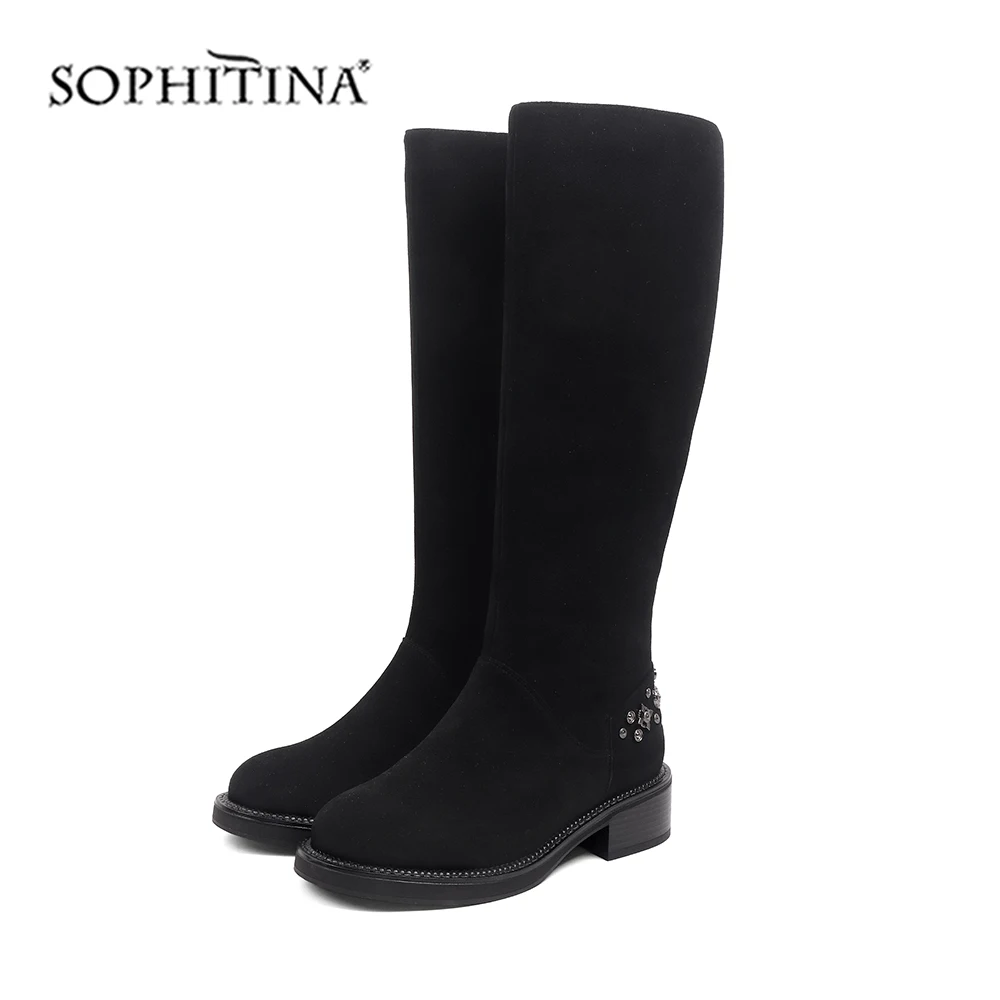 SOPHITINA/теплые женские ботинки из высококачественной натуральной кожи; удобная обувь с круглым носком на квадратном каблуке; Новые однотонные ботинки на молнии; SC431