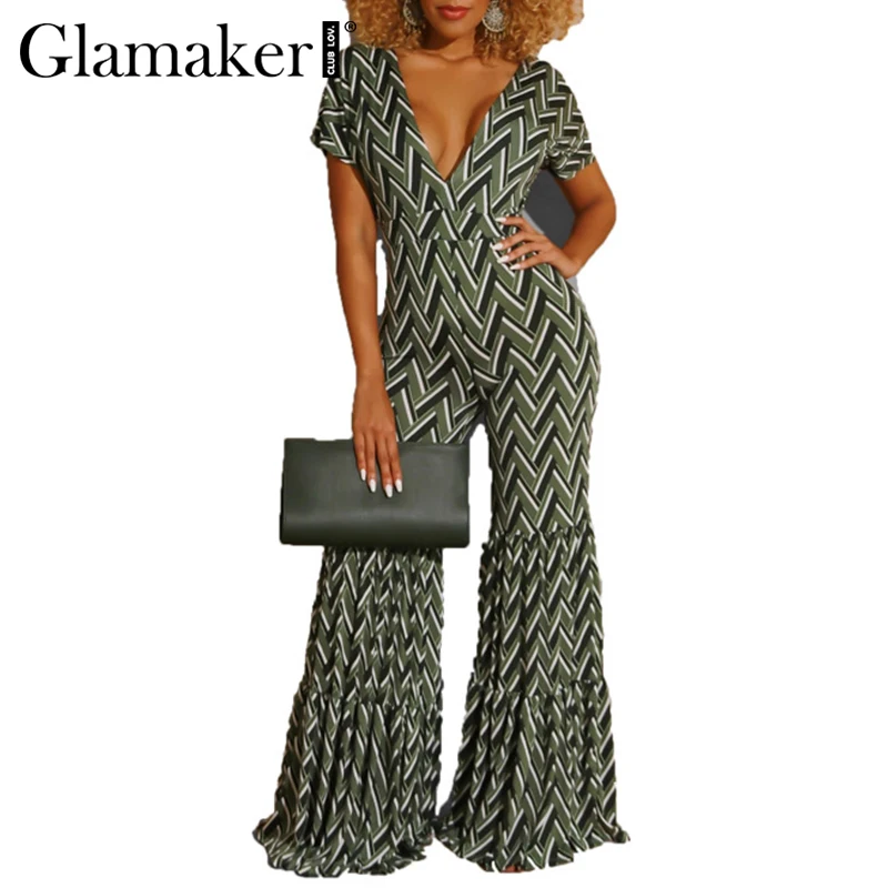 Glamaker Geometric pink sexy long jumpsuit romper Women summer wide leg backless deep v neck Fashion elegant playsuit |