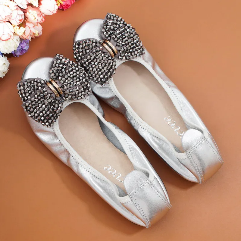 Fashion String Bead Women Shoes Slip On Flats Sweet Bow Autumn Female Cow Leather 2021 New Spring Ballet