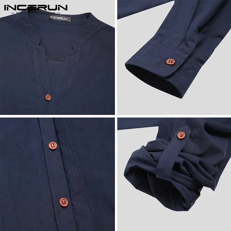 

Fashion Long Sleeve Cotton Shirts Harajuku Chemise Streetwear Men Solid Color V Neck Camisa Casual Buttons Blusas INCERUN S-5XL