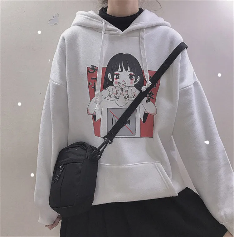 Harajuku Kawaii аниме девушка с капюшоном Толстовка японский Винтаж милый черный флис толстовка с рисунком женский объемный пуловер