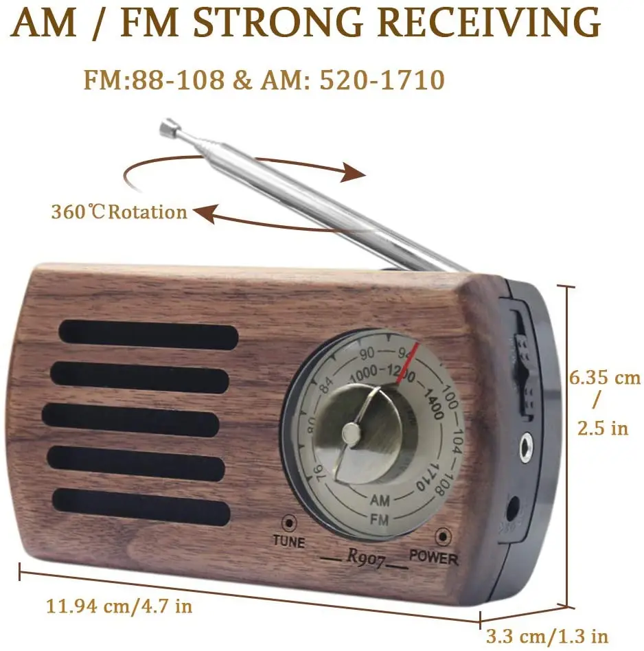 Миниатюрное портативное радио REDAMIGO Solid Wood с FM и AM радиоприемником R907.