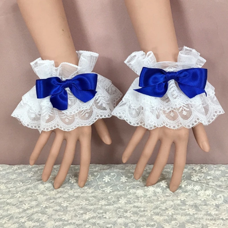 

Japanese Style Lolita Hand Sleeve Wrist Cuffs Sweet Ruffled Lace Multicolor Bowknot Maid Cosplay Bracelet Wristband Wedding M6CD