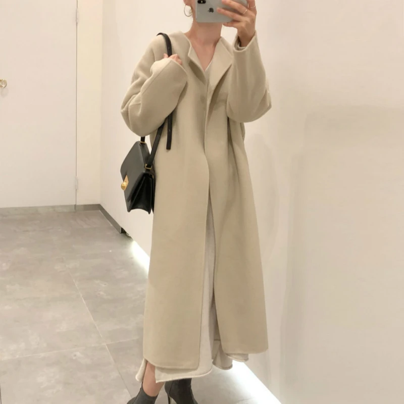 

2020 Women Winter Milky Beige Elegant Vintage Long Cashmere Coat Woolen Cardigan Overcoat Loose Jacket with Hooded