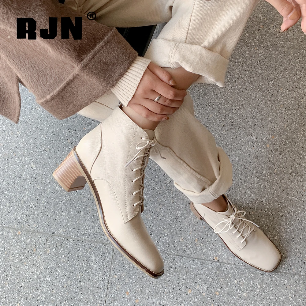 

RJN новые стильные ботильоны, Классические ботинки с квадратным носком на среднем каблуке, высококачественные ботинки из коровьей кожи на шн...