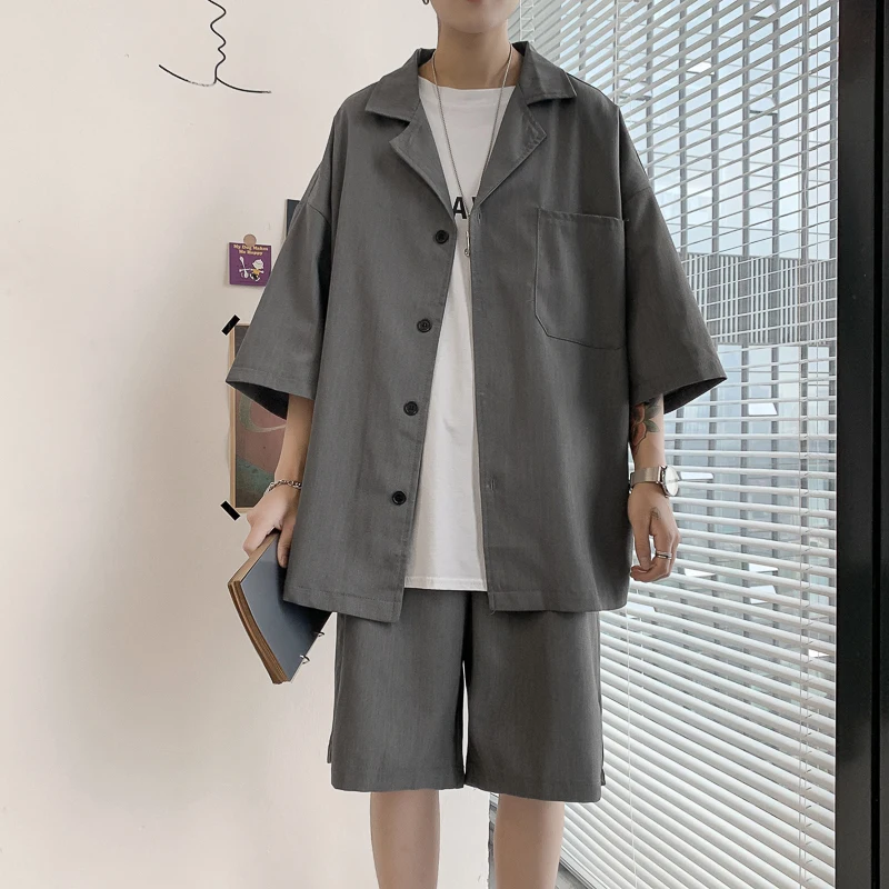 

Pure Cotton Suit Mens Korean Version Of Pure Color Business Casual Formal Suit Men Harajuku Streetwear Short-sleeved Shorts Suit