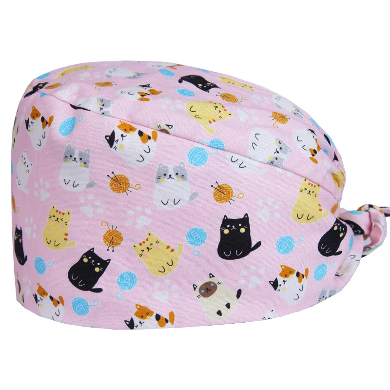 

Cat Adjustable Pink Scrubs Hat Pattern With Sweatband Men Women 100% Cotton Beauty Salon Nursing Pet Working Scrub Caps M105