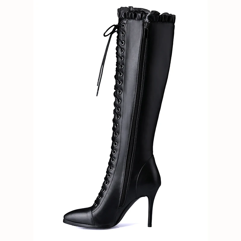 ENMAYER 2020 New Fashion High Quality Women Cow Leather Lace-up Knee Boots Lady Pointed Toe Heel | Обувь