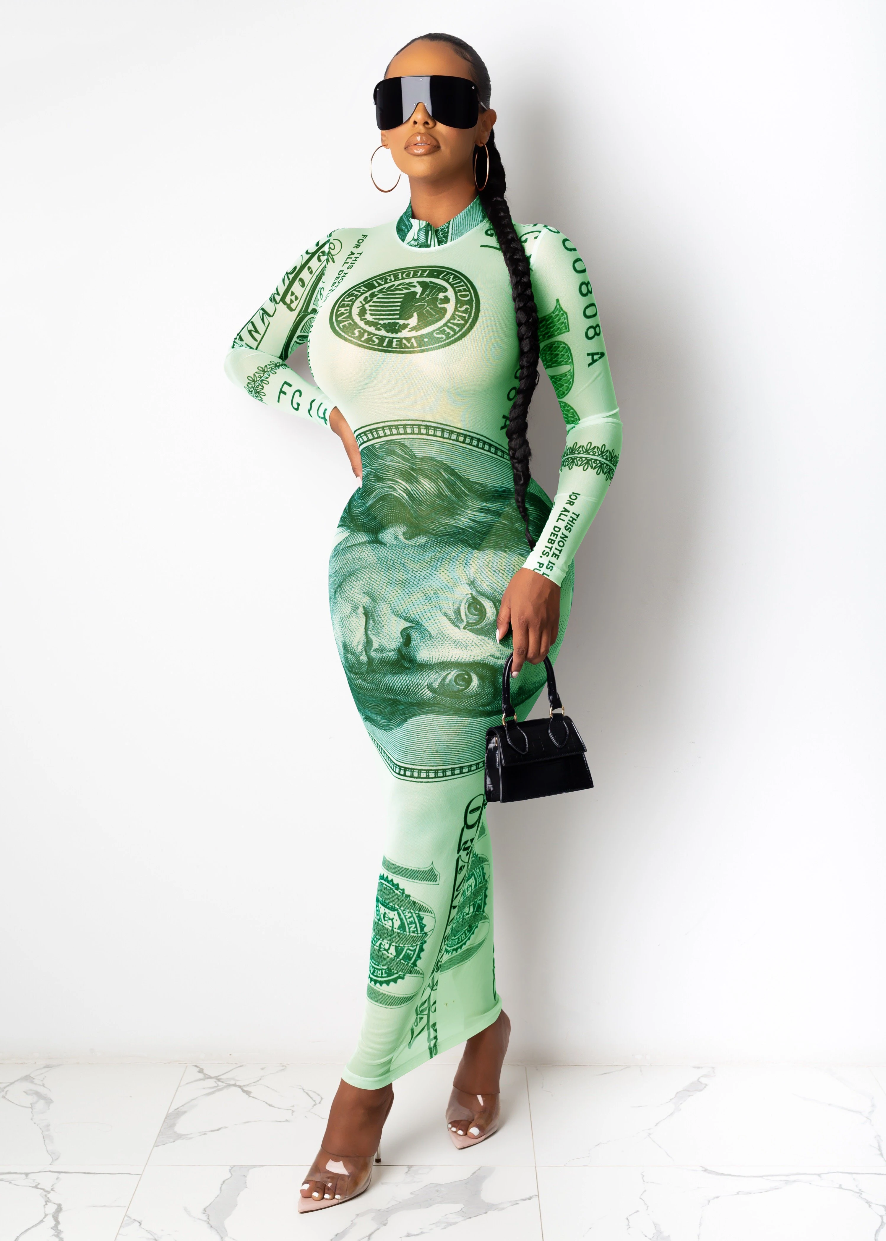 

NEW Fashion sexy mesh dollar print dress nightclub women's see-through one-piece dress