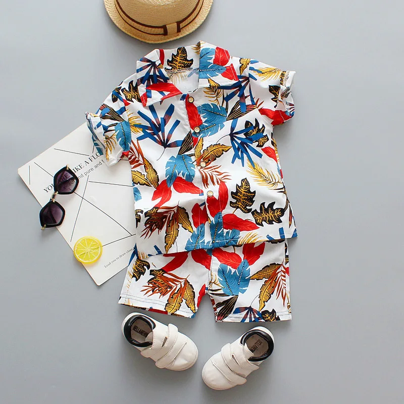 Boys Summer Clothing 1 2 3 4 Years Kid Baby Set Fashion Beach Leaf Flower Print Shirt Holiday Outfit Costume |