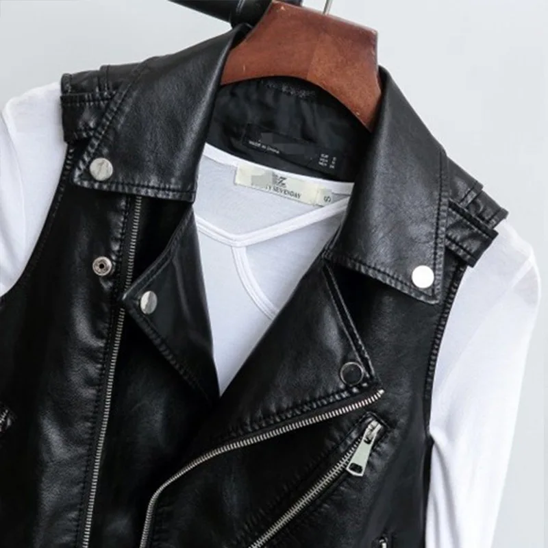 

Female Autumn Fashion Sleeveless Zipper Vests Polyester Streetwear Tops Women Spring PU Leather Black Vest Solid Vest Waistcoat