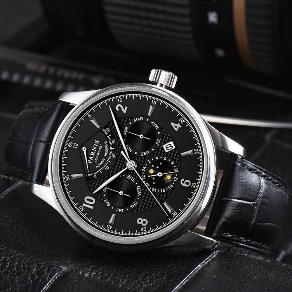 

Fashion Parnis 43mm Black Dial Automatic Watch Moon Phase Power Reserve Watches Men Miyota Mechanical Movement PA6062 Gift 2021