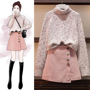 Женский трикотажный костюм большого размера, свитер с воротником-хомутом и розовая юбка на пуговицах, комплект одежды из двух предметов для осени и зимы