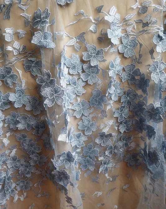 Светло голубая кружевная ткань с 3D цветами вышивкой для невесты свадьбы высокой