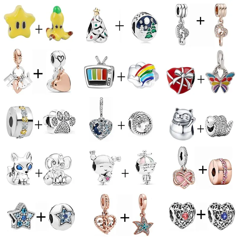 

2pcs/lot New Boy & Girl Lucky Cat Bowknot Christmas Tree Beads Fit Pandora Charms Bracelets & Bangles DIY For Women Jewelry