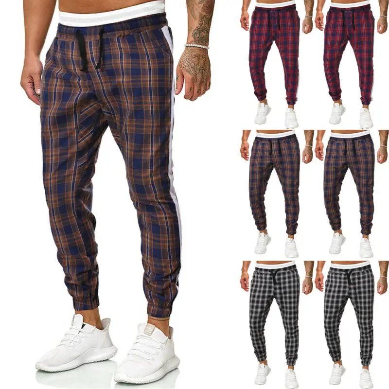 

Mens Checkered Track Pants Premium Plaid Stretch Skinny Fit Casual Trousers Pant