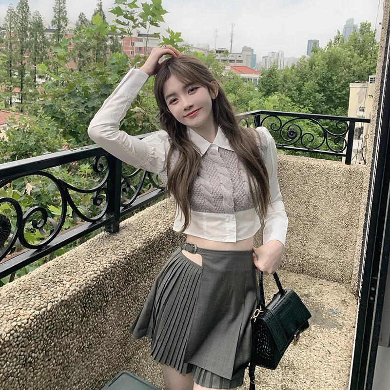 

2021 Fashion Women's Clothing Early Autumn Stitching Knitted Hemp Pattern Slim Short Shirt Hollow College Style Pleated Skirt